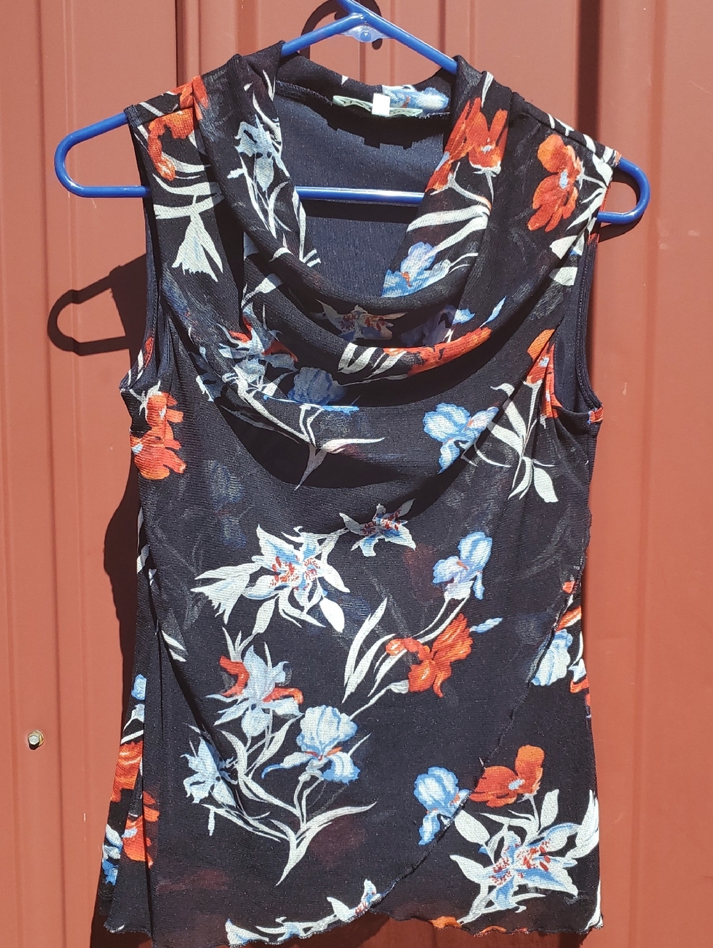 Cleo Petites  Black Floral Cowl Neck Tank with Red and Light Blue Flowers